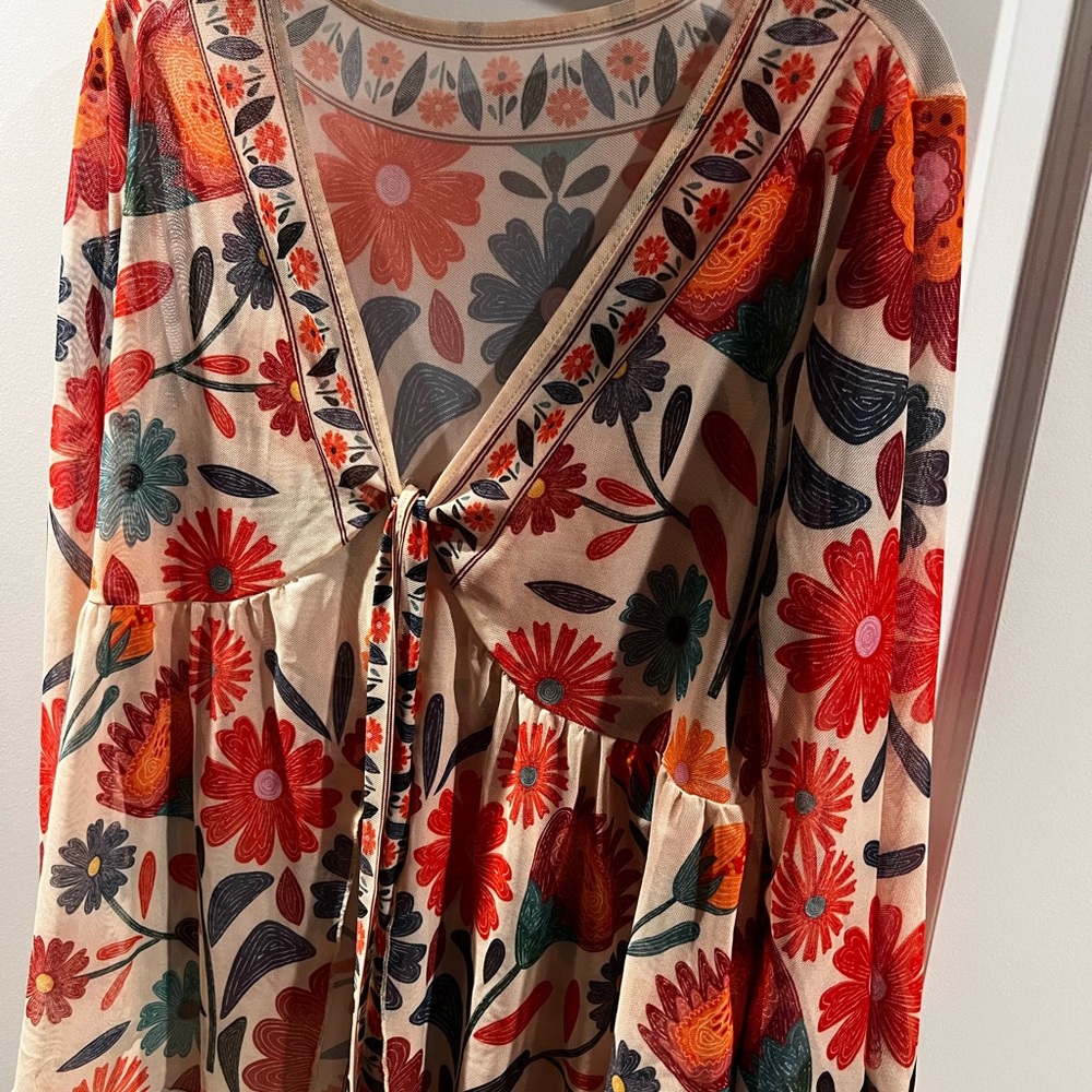 Floral Tie-Front Peasant Top - Cream with Red & Green Floral Print